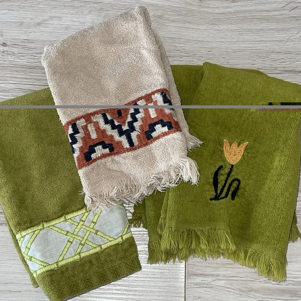 VTG Fieldcrest Springmade Hand Towels Fringe Hem Green Western Floral MCM